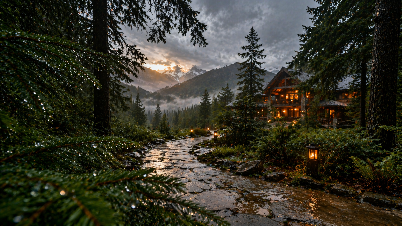 Lodge and stone path after rainstorm with light breaking through clouds