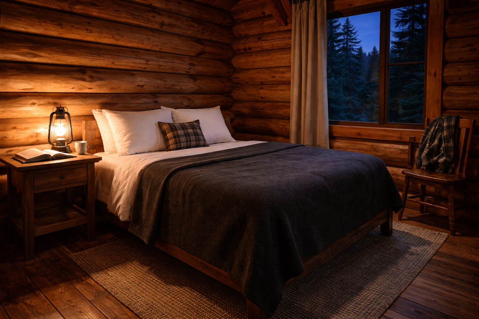 Cabin interior with lantern, Bible, and wool blanket