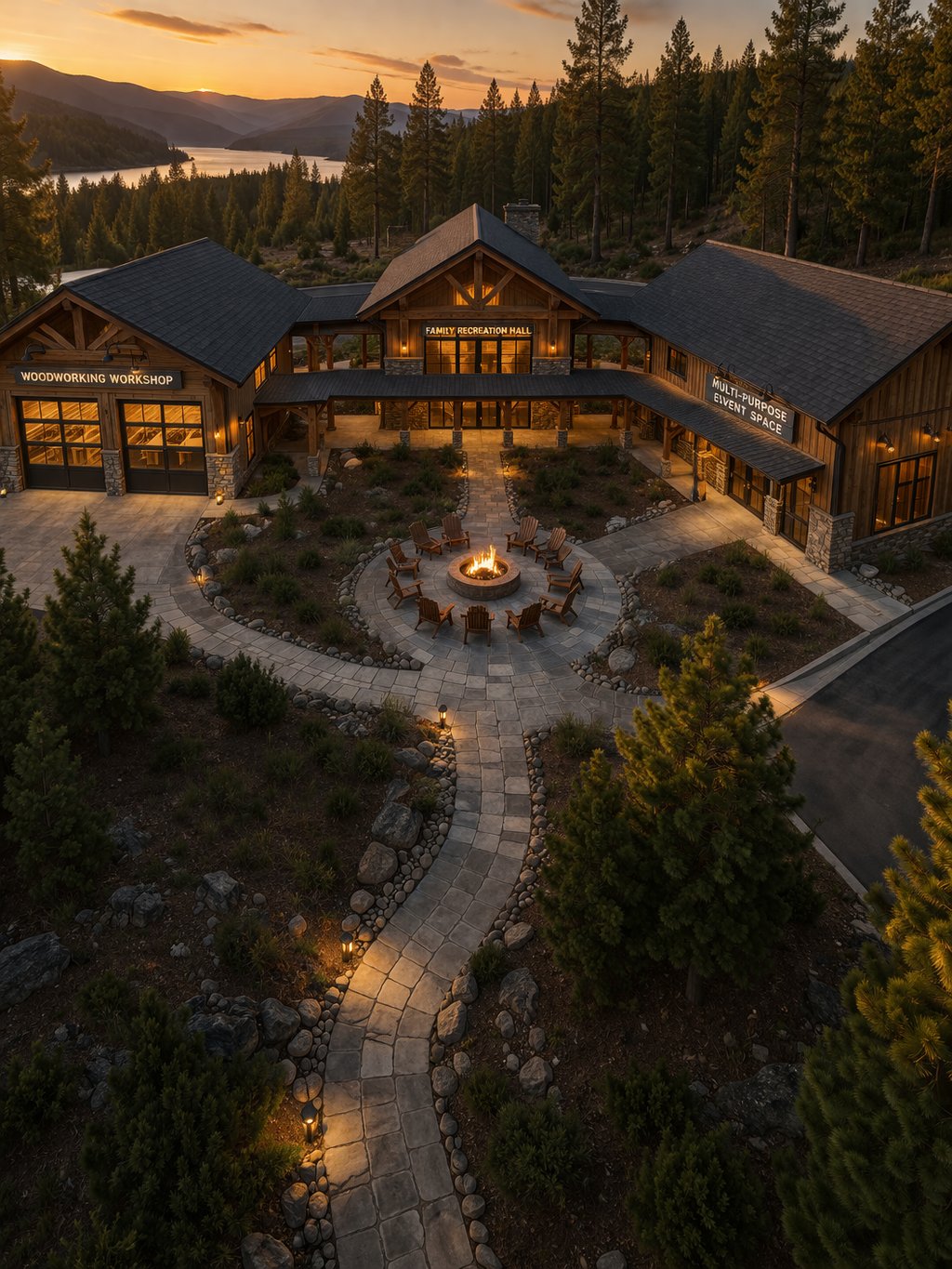 Aerial view of the U-shaped Activity Center compound at golden hour — workshop, children's wing, central courtyard with stone fire pit