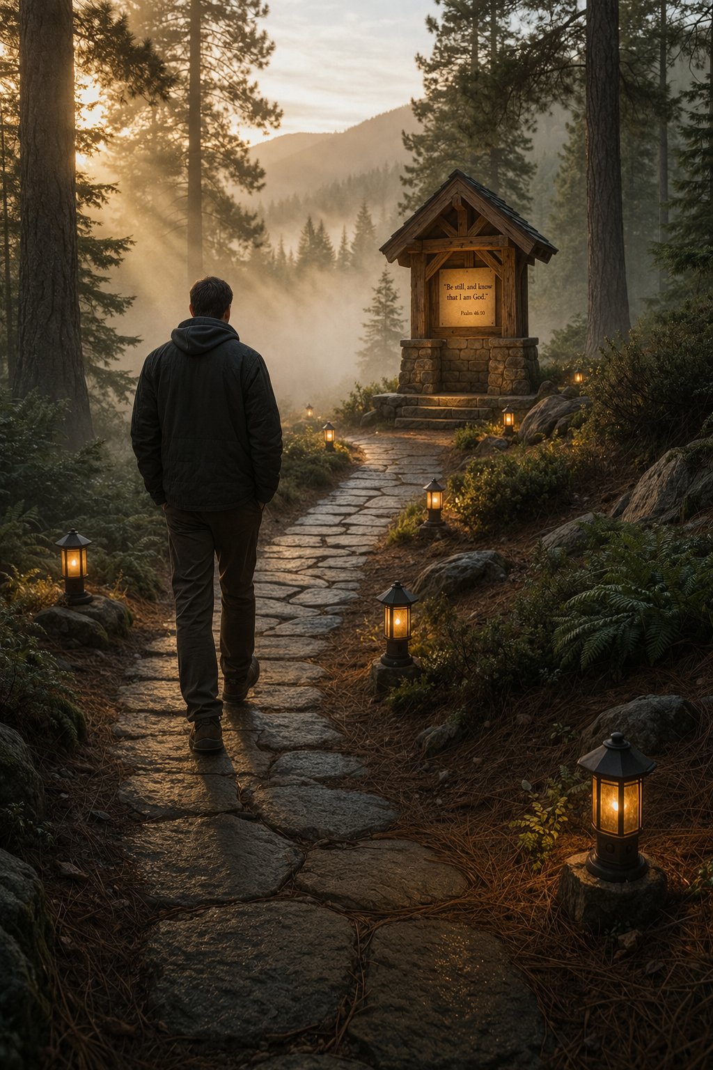 The Cross station — men at amphitheater with cross and fire