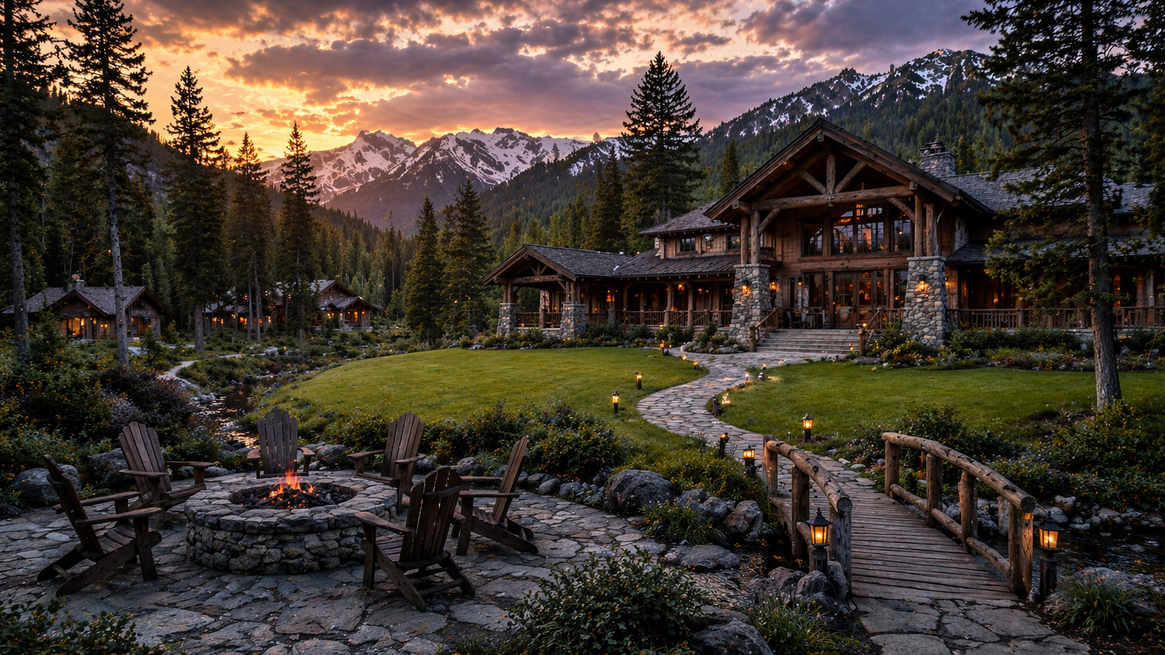 Stonebreaker Ministries lodge at sunset with fire pit and stone path