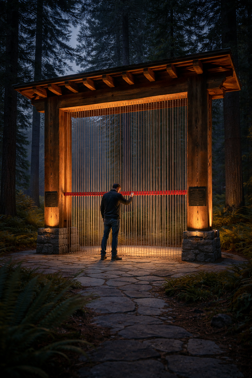 The Weaver's Loom at dusk — a man reaching through the red thread threshold