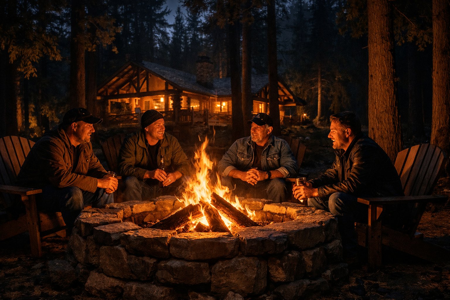 Men at campfire outside cabin at night