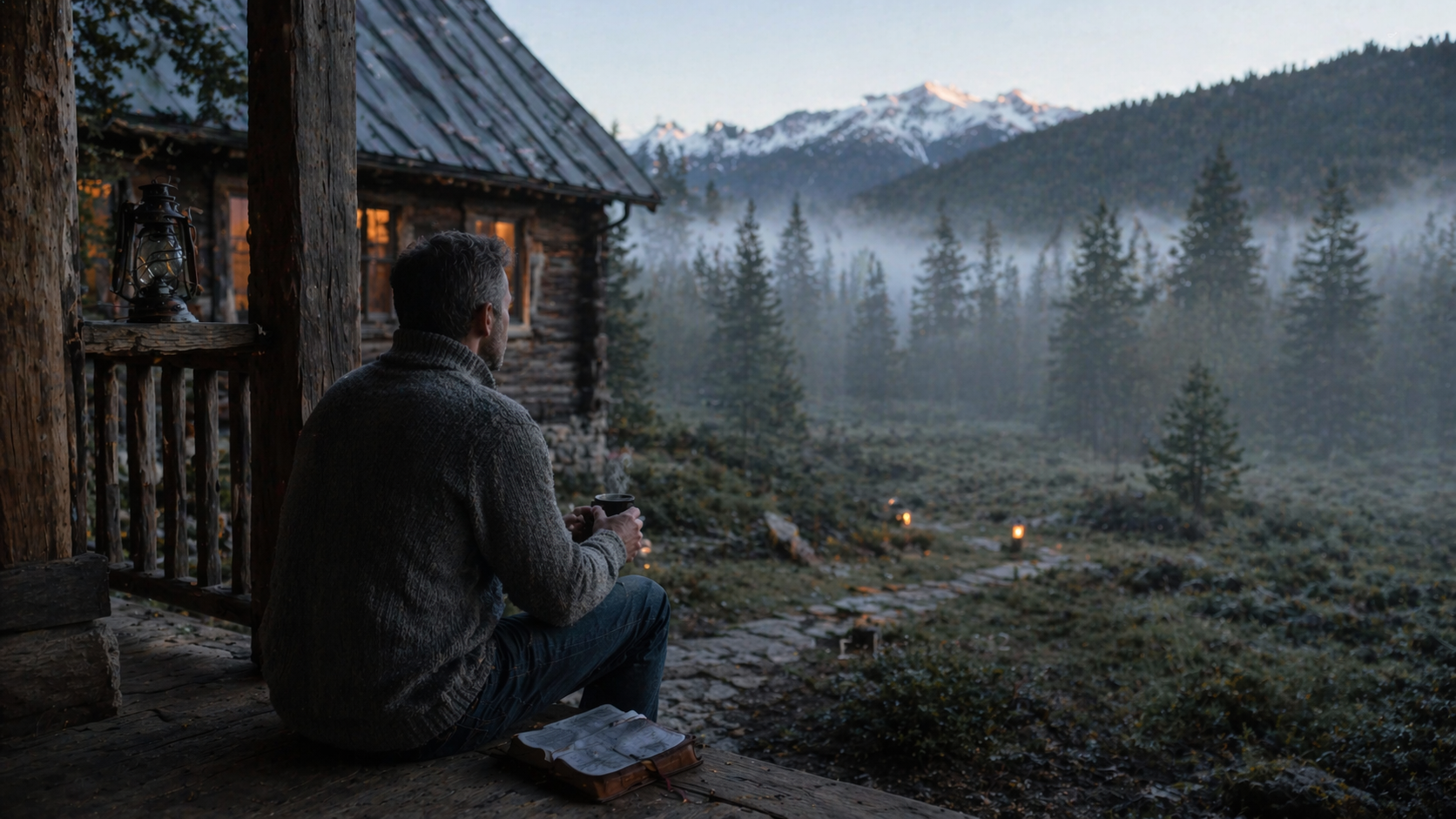 Man sitting alone on cabin porch at dawn with coffee and Bible