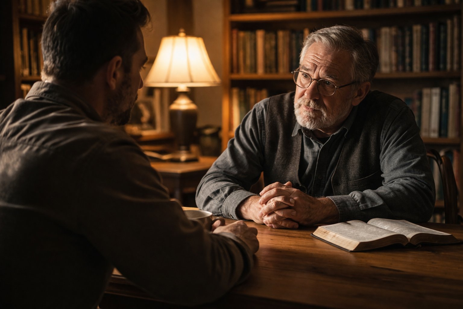 Pastor leaning in across table with open Bible