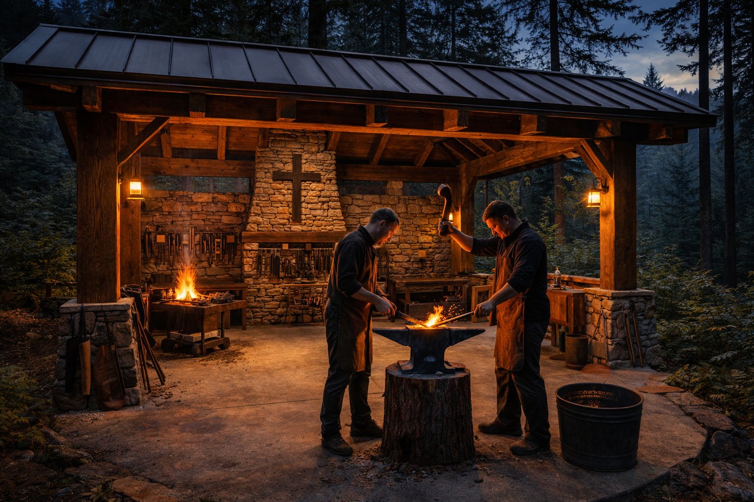 Prayer trail — man walking toward scripture marker at dawn