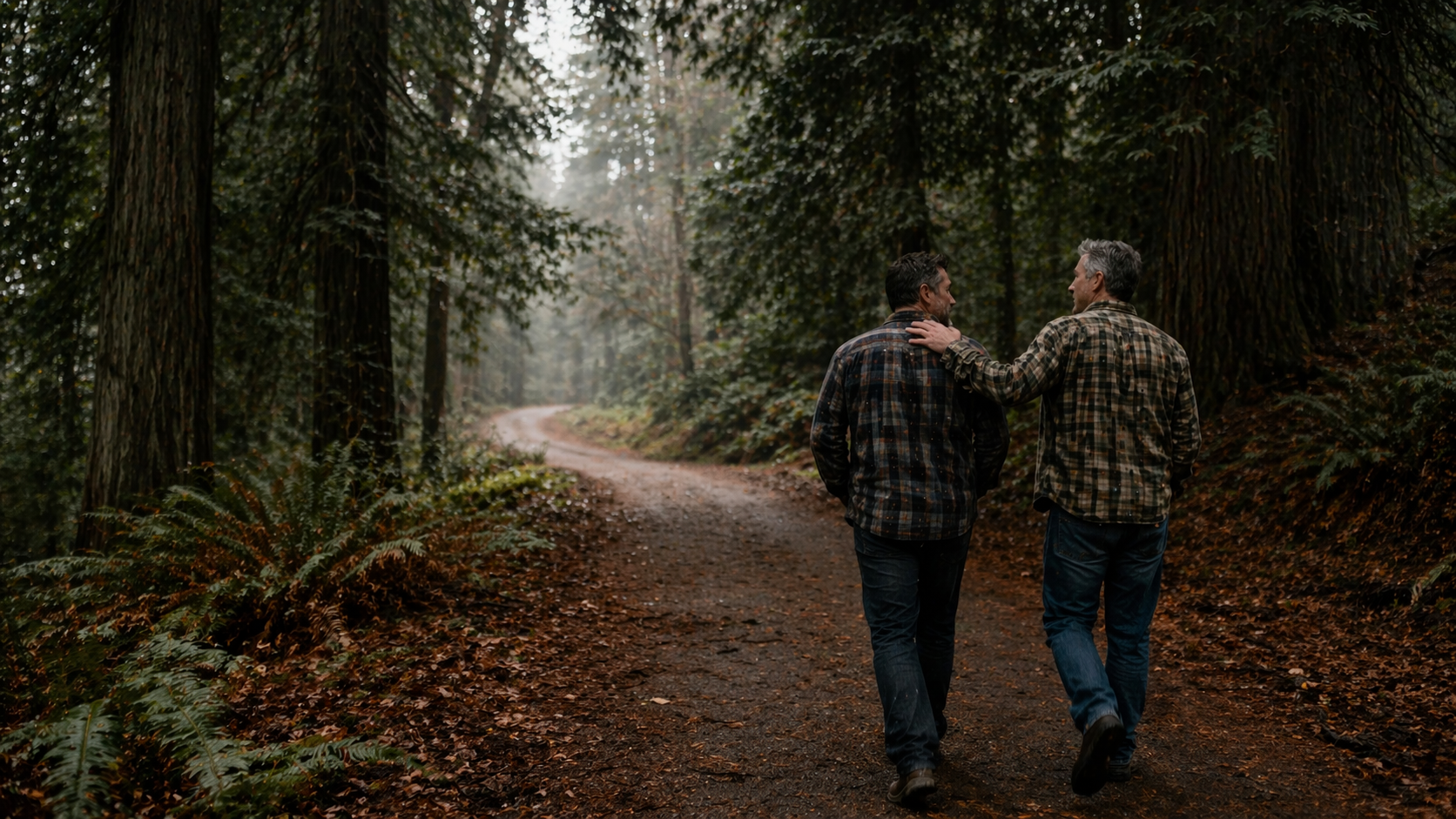 Two men walking together on forest trail