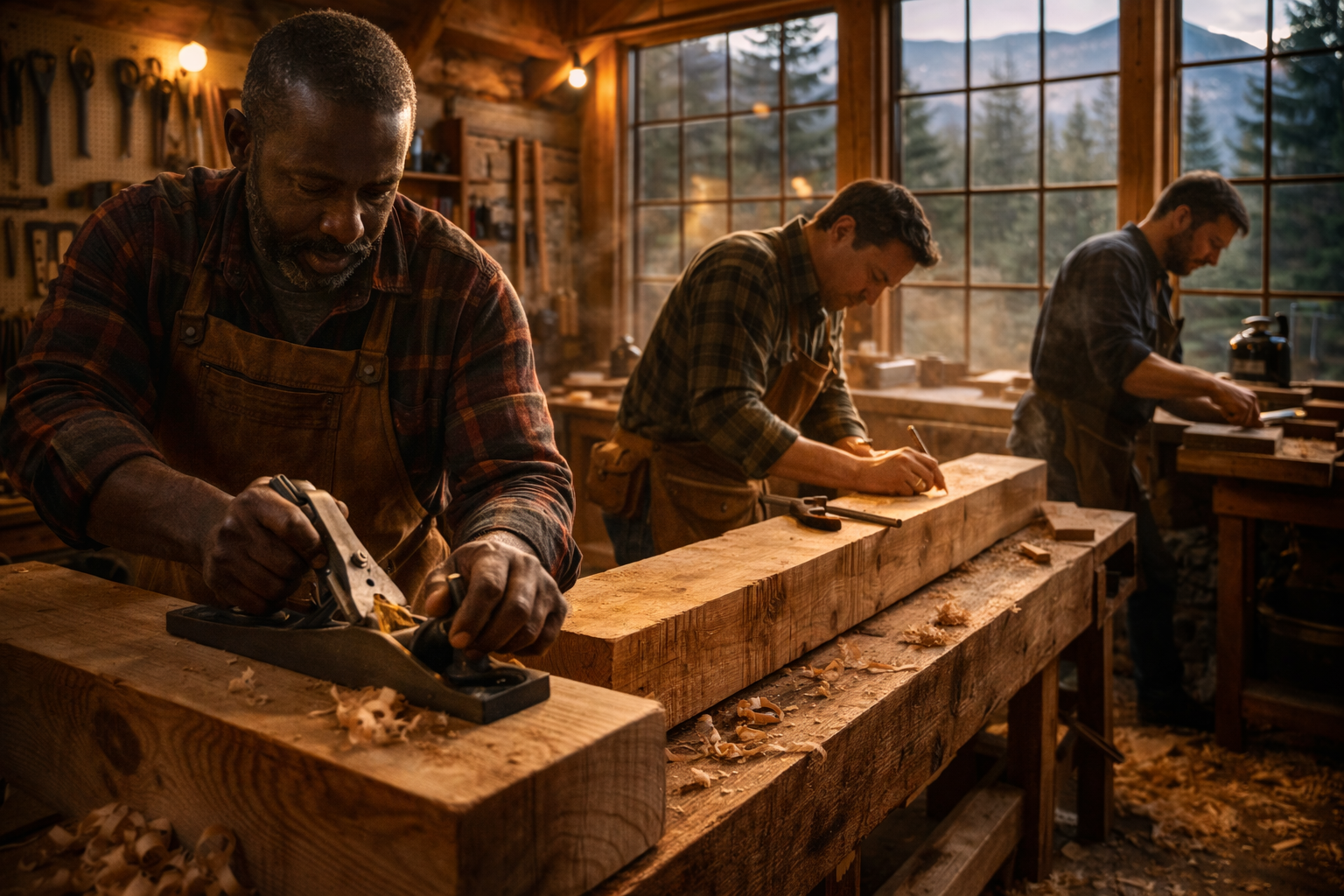 Men working together in a timber-frame workshop — hand-planing cedar, measuring timbers, sharpening tools at golden hour